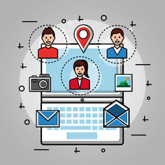 people social media two boys and girl in circles compter open message camera photos vector illustration