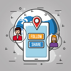 people social media world with phone girl and boy follow share networks vector illustration