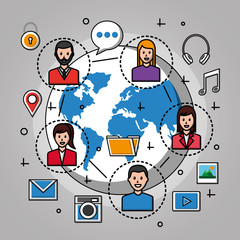 people social media networks girls boys world meeting headphones music tools vector illustration