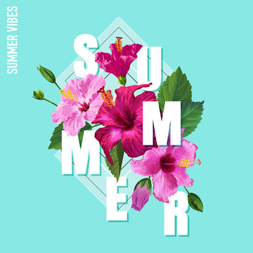 Hello Summer Poster. Floral Design with Pink Hibiscus Flowers for T-shirt, Fabric, Party, Banner, Flyer. Tropical Botanical Background. Vector illustration