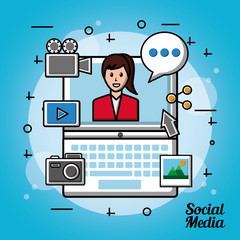 people social media computer with woman arrow point screen camera photos video vector illustration