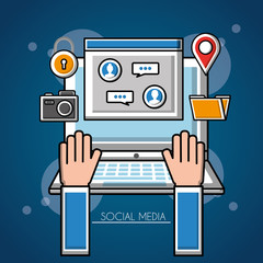 people social media hands writing in a computer document chats profiles camera folder vector illustration