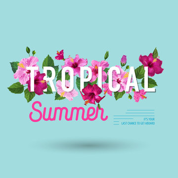Hello Summer Tropical Poster. Floral Design with Purple Hibiscus Flowers for T-shirt, Fabric, Party, Banner, Flyer, Greetings. Vector illustration