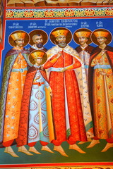 Orthodox icons in the Saint Ana-Rohia Monastery. The monastery is situated in a natural place on...