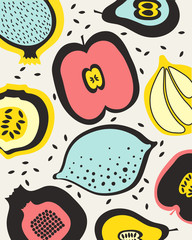 Fruits pattern with pear, lemon, apples, pomegranate and figs.