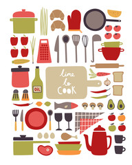 Vector set of kitchenware and food ingredients