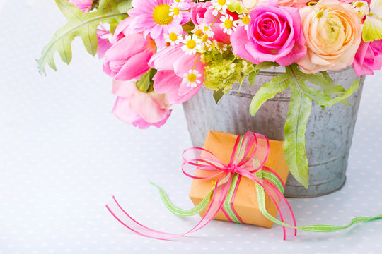 Beautiful flower bouquet and gift box