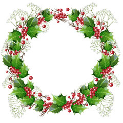 Wreath of holly branches and gypsophila