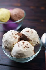 Homemade yoghurt ice cream in glass bowl close up