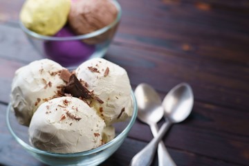 Assorted ice creams in glass bowls at restaurant