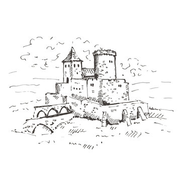 Medieval castle sketch. Hand drawn vector illustration.
