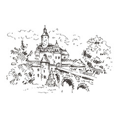 Medieval castle sketch. Hand drawn vector illustration.