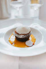 Delicious sweet dessert on a plate in a gourmet restaurant