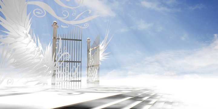 Gates of heaven concept wrapped in wings and ornaments over raised stair (version 2 - light atmosphere) - 3d high resolution rendering.