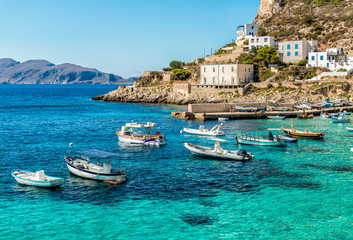 View of Levanzo Island, is the smallest of the three Aegadian islands in the Mediterranean sea of Sicily, Trapani, Italy