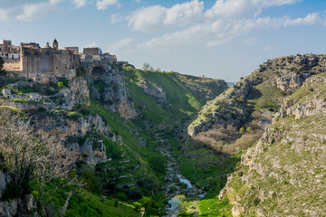 Fototapeta na wymiar Horizontal View of the Gravina of the Sassi of Matera. Matera, South of Italy
