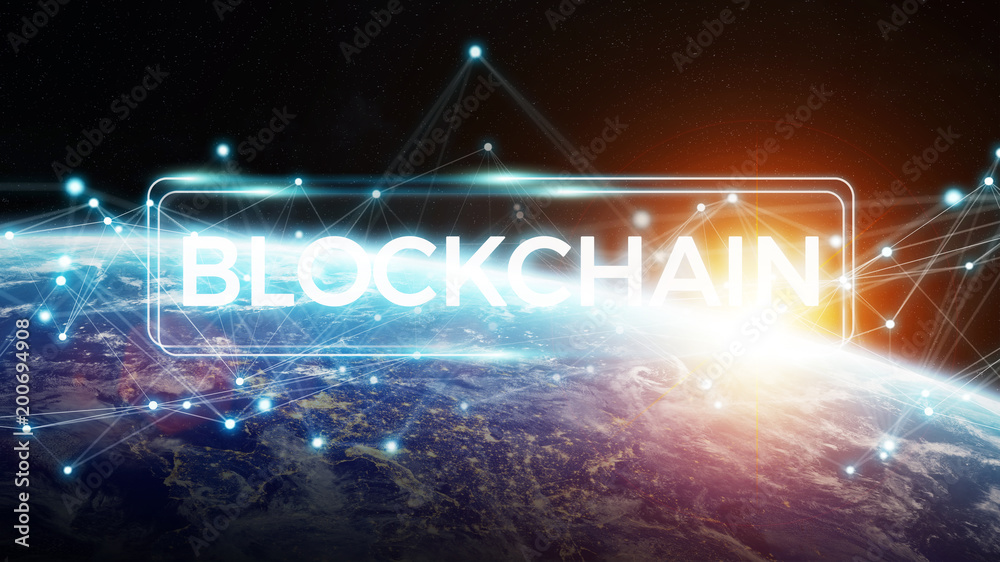 Poster blockchain on planet earth 3d rendering