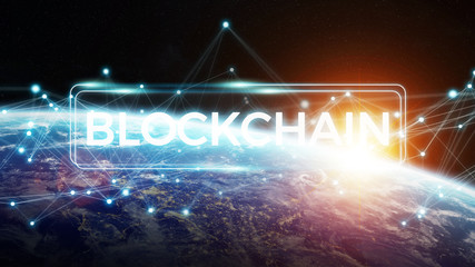 Plakat Blockchain on planet Earth 3D rendering