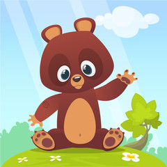 Cute Cartoon Teddy Bear on a meadow with flowers. Vector illustration