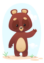 Cartoon vector illustration of a bear waving hand. Isolated on colorful background