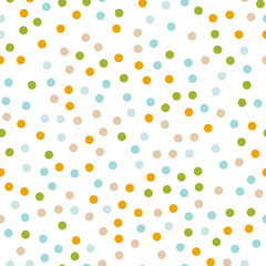 Colorful polka dots seamless pattern on white 1 background. Uncommon classic colorful polka dots textile pattern. Seamless scattered confetti fall chaotic decor. Abstract vector illustration.