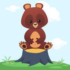 Cartoon happy brown bear sitting on the tree stump in the green meadow. Vector illustration. Colorful design for children book illustration