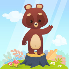Obraz na płótnie Canvas Cartoon brown bear wave hand and standing. Vector illustration. Colorful design for children book illustration 
