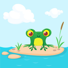 Frog Cartoon Character sitting on the ground in the middle of river or pond or lake background. Colorful vector illustration. Design for children book illustration