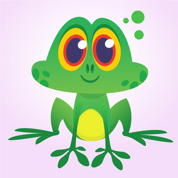 Cartoon green froggy frog mascot character in cartoon style. Vector illustration isolated on white. Design for print or children book illustration