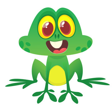  Funny green frog character in cartoon style. Vector illustration. Design for print, children book illustration or party decoration