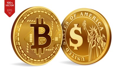 Bitcoin. Dollar coin. 3D isometric Physical coins. Digital currency. Cryptocurrency. Golden coins with Bitcoin and Dollar symbol isolated on white background. Vector illustration.