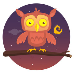 Cartoon owl sitting on branch on background of the full moon. Vector illustration