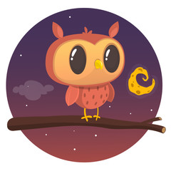 Halloween card, silhouette of owl with large eyes sitting on a branch against a full moon and starry night sky