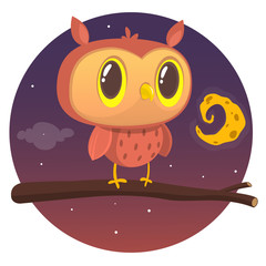 Cartoon owl sitting on branch on background of the full moon. Vector illustration