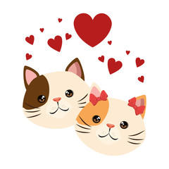 cute cats mascots head with hearts characters vector illustration design