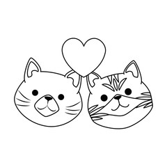 cute cats mascots head with hearts characters vector illustration design