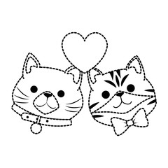 cute cats mascots head with hearts characters vector illustration design