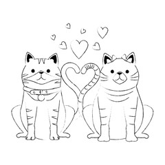 cute couple cats mascots with hearts characters vector illustration design