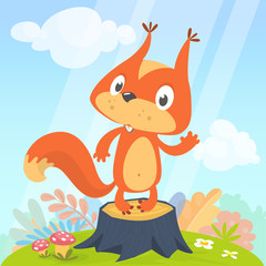 Cute cartoon squirrel in playful mood standing on a stump in the meadow with green grass and forest backgrund. Vector illustration isolated