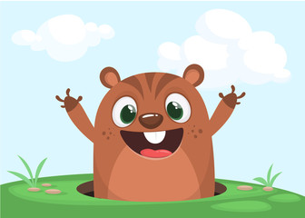 Obraz na płótnie Canvas Cartoon cute marmot looking out of a hole. Happy groundhog day. Vector illustration