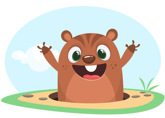 Obraz na płótnie Canvas Cool cartoon marmot or chipmunk or humster in major hat waving his hands looking out of its borrow on spring background. Vector illustration. Groundhog day. Party invitation