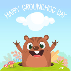 Cartoon funny marmot looking out of a burrow in the ground on a spring background with bushes, grass and flowers. Happy Groundhog day