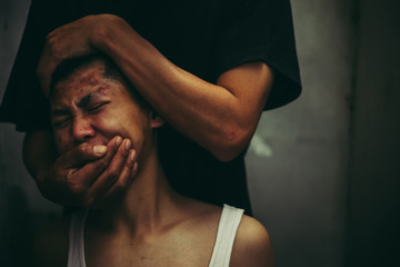 Fototapeta na wymiar Father being physically abusive towards son, domestic violence concept.