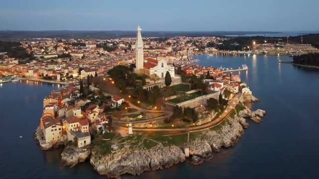 Night flight around old town Rovinj, Istria, Croatia