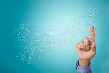 Gears on virtual screen. Business strategy and technology concept. Automation process.