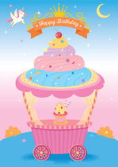 Cupcake cart for party with unicorn on fantasy background for Birthday card.