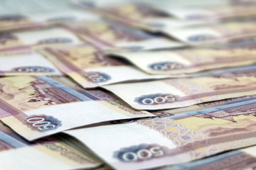 Abstract background of money pile 500 russian rouble bills. Studio photography.