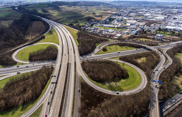 Aerial view of a highway intersection with a clover-leaf interchange Germany Koblenz