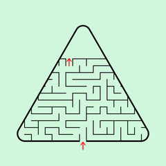 Triangular labyrinth with an input and an exit. A simple flat vector illustration isolated on a green background. With a place for your image