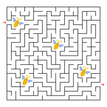 A square labyrinth. Collect all the bees and find a way out of the maze. Simple flat isolated vector illustration.